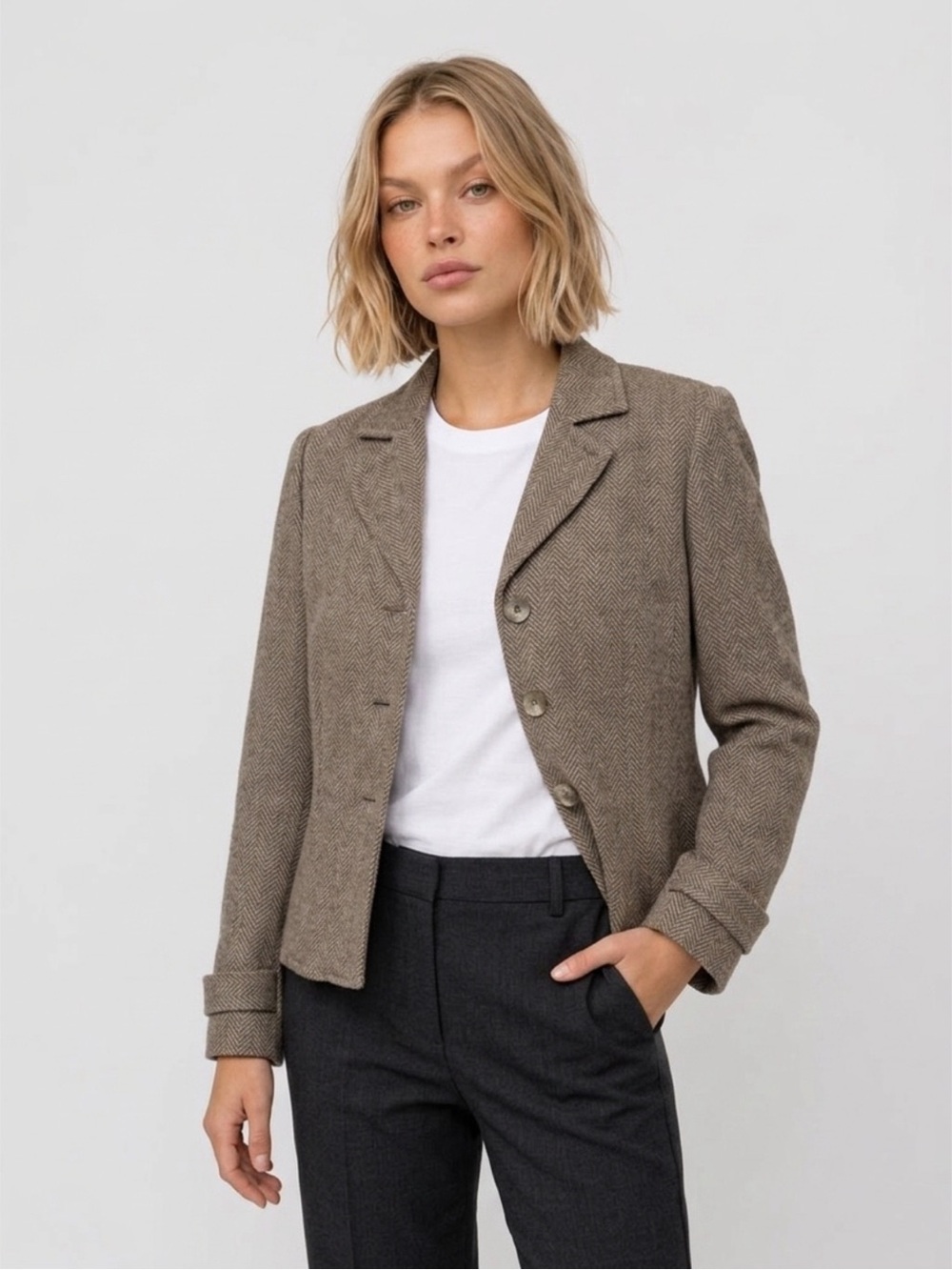 Samantha Taylor Women's Vtg Herringbone Blazer 100% Wool Sz 6 P Academia Preppy